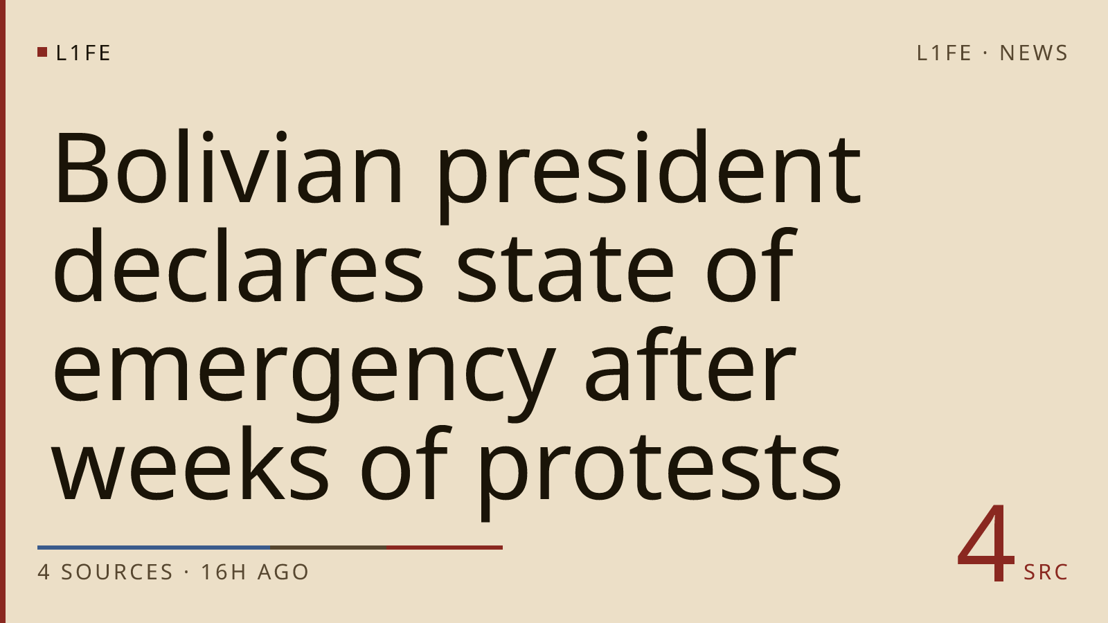 Bolivian president declares state of emergency after weeks of protests