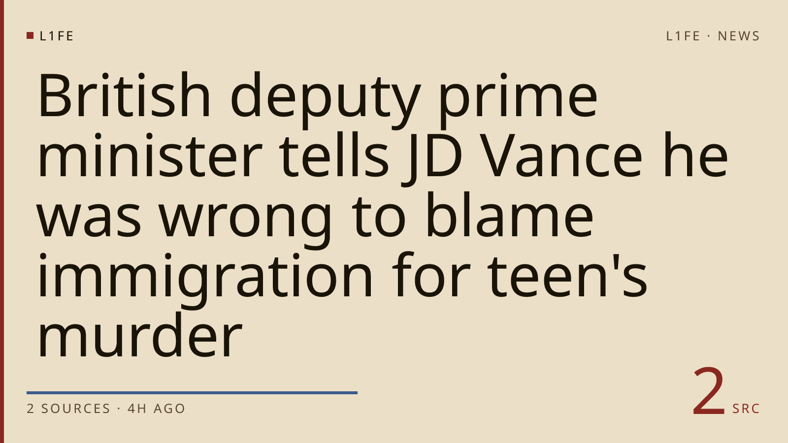 British deputy prime minister tells JD Vance he was wrong to blame immigration for teen's murder