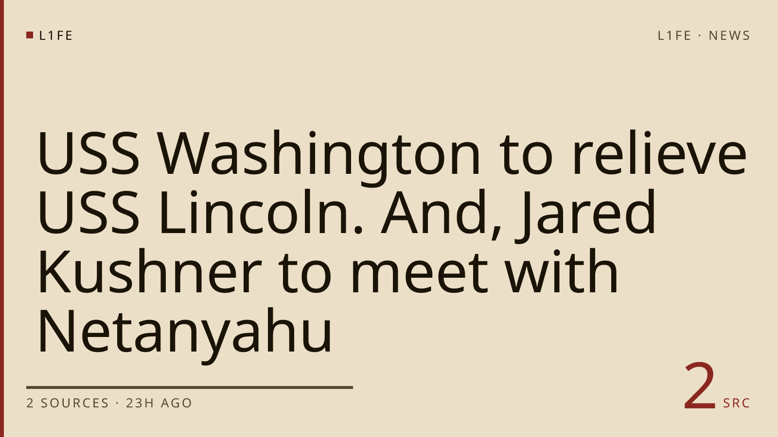 USS Washington to relieve USS Lincoln. And, Jared Kushner to meet with Netanyahu
