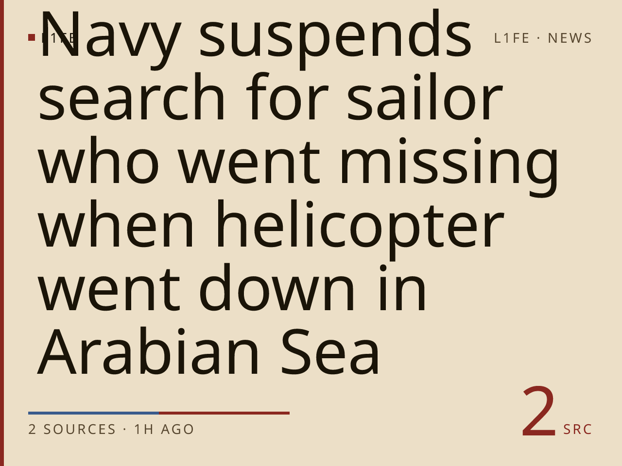 Navy suspends search for sailor who went missing when helicopter went down in Arabian Sea
