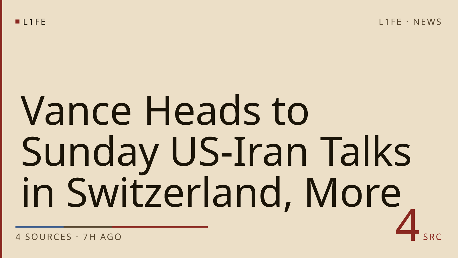 Vance Heads to Sunday US-Iran Talks in Switzerland, More