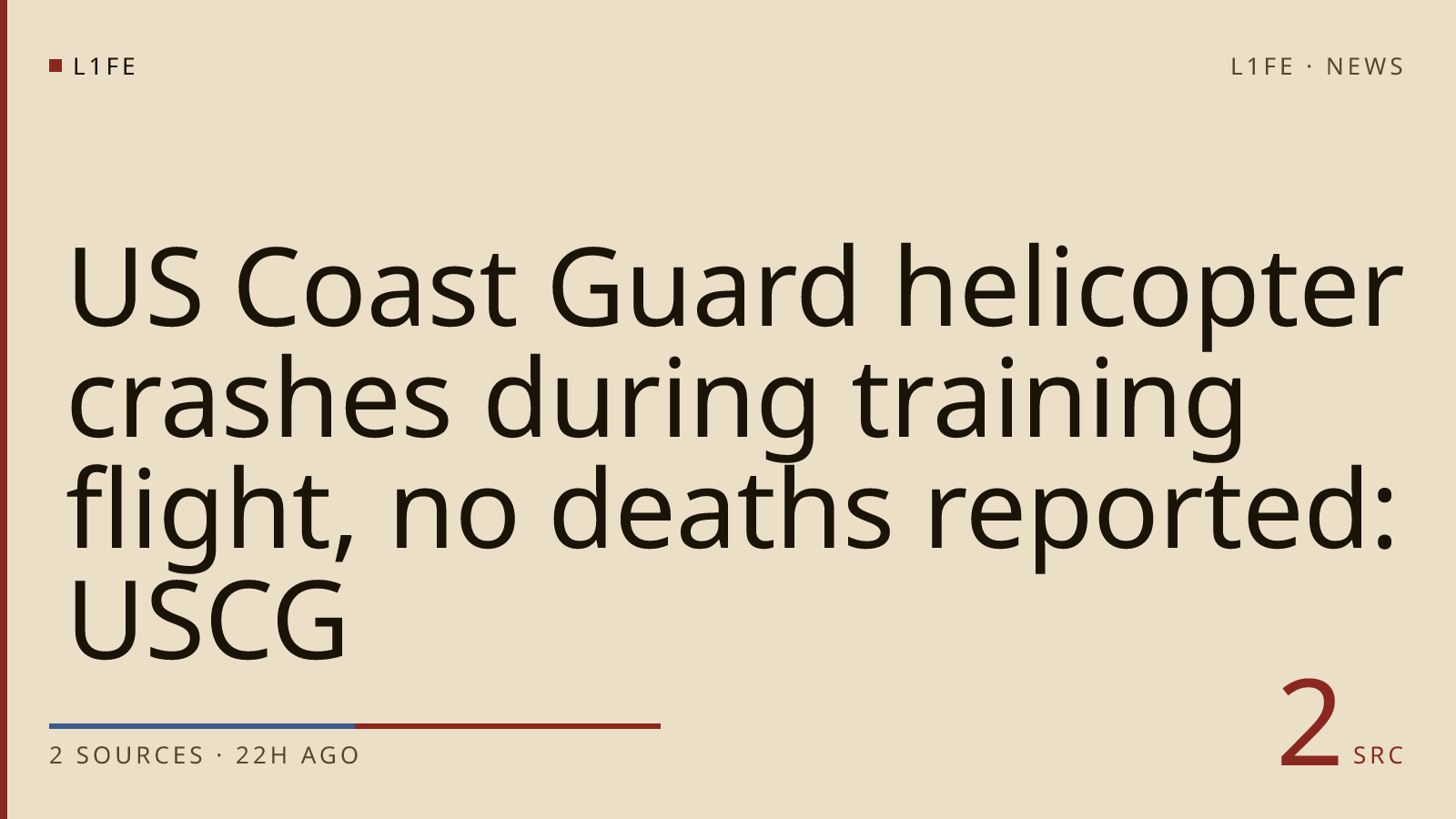 US Coast Guard helicopter crashes during training flight, no deaths reported: USCG